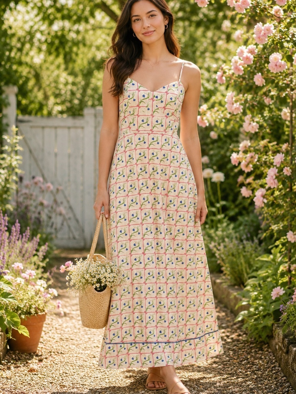 Joie NWOT Limited Edition Blue Floral Grid Smocked Linen Blend Maxi Dress SZ 14